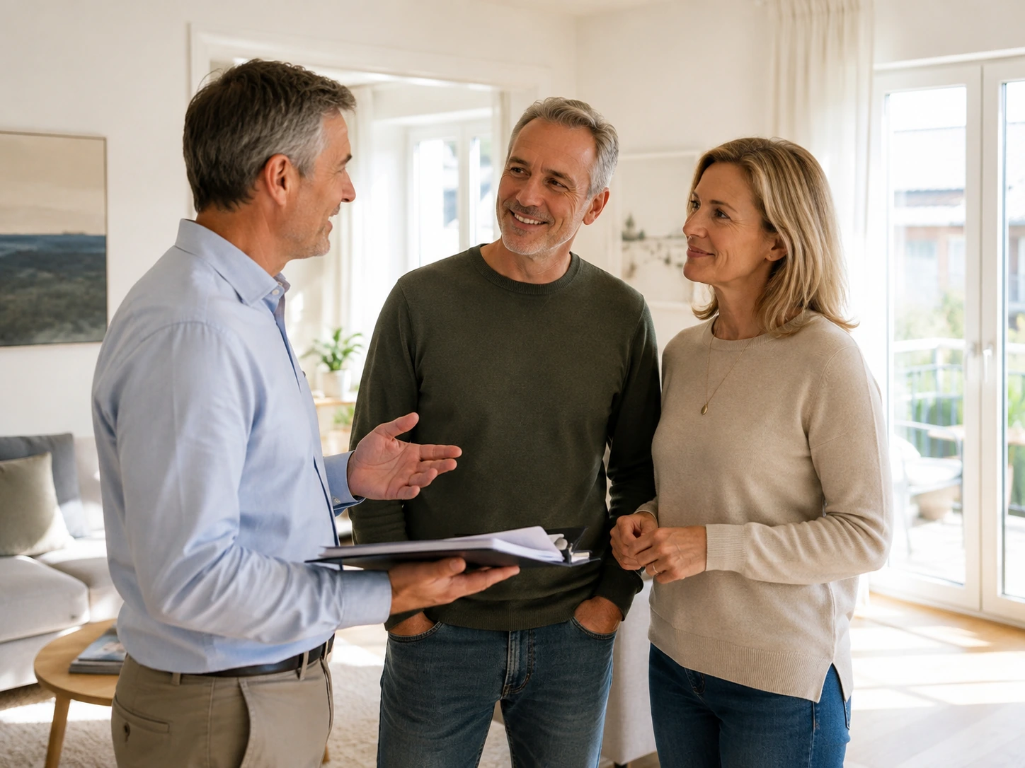 Verbindliches Immobiliengespräch in einem hellen modernen Wohnzimmer